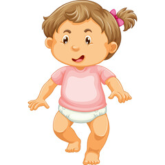 Young Toddler Girl Wearing Pink T Shirt And Diaper With Brown Hair In Ponytail Standing With Arms Outstretched Isolated On White Background