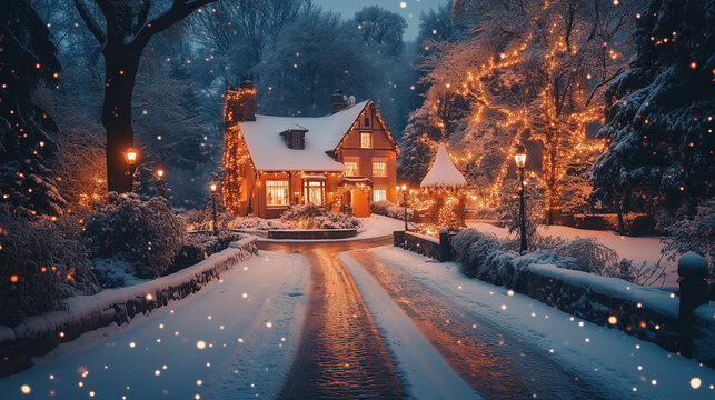 winter cabin decorated with christmas lights in a snowy forest setting