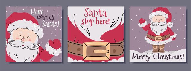 Festive Square Christmas Cards Set with Cheerful Santa Claus Waving Hand Among Snowflakes. Perfect for Holiday Posters, Seasonal Banners, Social Media Posts and Christmas Party Invitations.