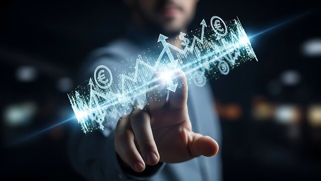 Businessman interacting with a futuristic holographic digital financial data chart showing growth and currency symbols in a dark setting - Powered by Adobe