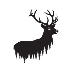 Deer Head Silhouette with Pine Forest Double Exposure Vector Illustration
