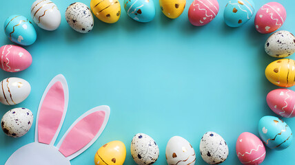 Easter eggs frame on blue background with bunny ears creating a festive and colorful holiday scene