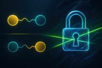 Abstract representation of quantum entanglement and cybersecurity with brightly colored elements, depicting safety and connection through advanced technology and visual complexity