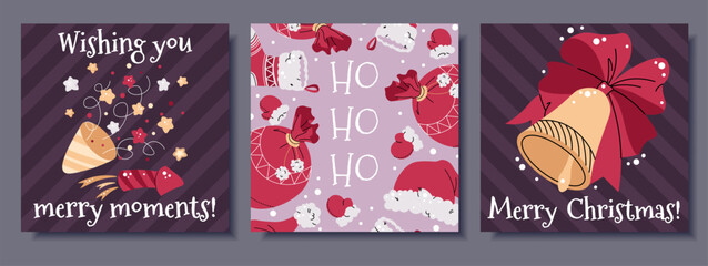 Festive Square Christmas Cards Set with Holiday Bell, Party Poppers, Confetti and Santa Accessories. Perfect for Seasonal Posters, Party Invitations, Social Media Posts and Christmas Designs