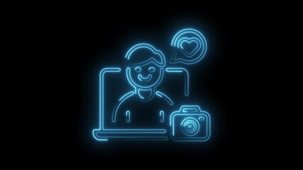 Neon style blogger with laptop camera and love icon animation on black - Powered by Adobe