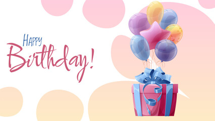Festive birthday banner with a gift box tied to a bunch of balloons on a celebration background. Perfect for party invitations, greeting cards, social media posts, and website graphics.