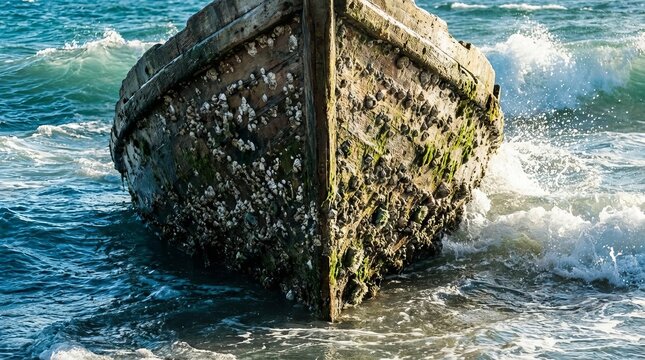 Barnacle-covered boat hull partially submerged in calm turquoise water, highlighting textured marine growth and creating a striking contrast for detailed ocean-themed visualsBarnacle-covered boat hull
