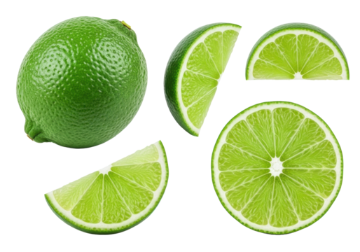 A vibrant, fresh, whole green lime with textured peel, glistening pulp, and cut slices, artfully arranged on a transparent background with copy space, concept for healthy eating