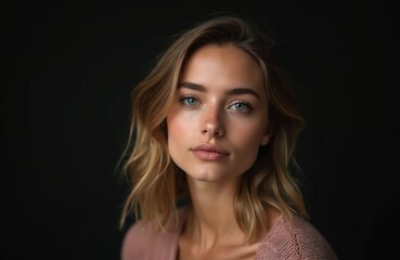 Fototapeta premium Portrait of a beautiful young woman on dark backdrop. She has blonde wavy hair and stunning blue eyes. The woman face is radiant with a natural glow. She wears pink sweater.