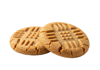 Two golden brown peanut butter cookies with distinct crosshatch marks and crisp edges, subtly overlapping on a transparent studio background with copy space, soft diffused light, appetizing culinary