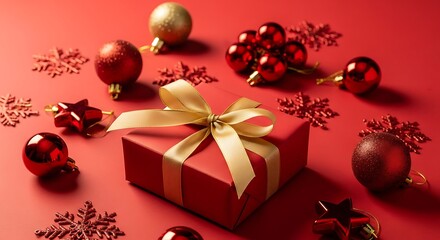 Festive red gift box with golden ribbon and christmas decorations