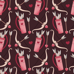 Romantic Valentine Seamless Pattern with Cupid's Bow, Arrow and Quiver. Love Theme Background for Gift Wrap, Textile and Romantic Design. Repeat Texture for Valentines Day.