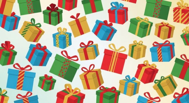 A vibrant and festive collection of colorful gift boxes with red ribbons creating a joyful holiday and celebration background pattern