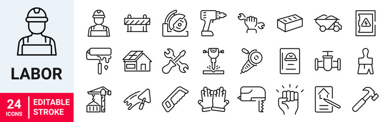 Labor web line editable icon set. Contains icons related to labor, construction, labour day, renovation, and more. Vector illustration.