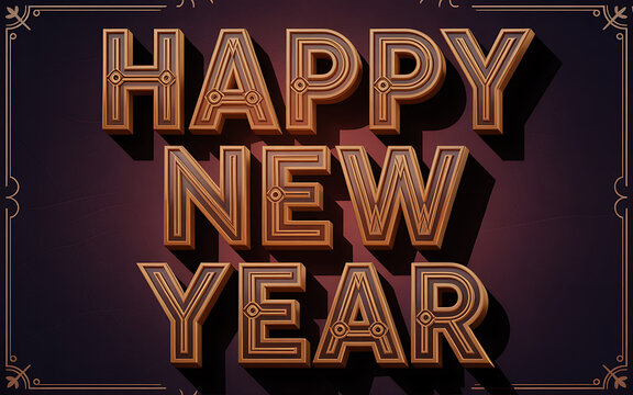 Vintage Happy New Year Greetings with Elegant Gold Lettering and Art Deco Accents, Perfect for Holiday Cards, Festive Banners, and Seasonal Marketing Campaigns