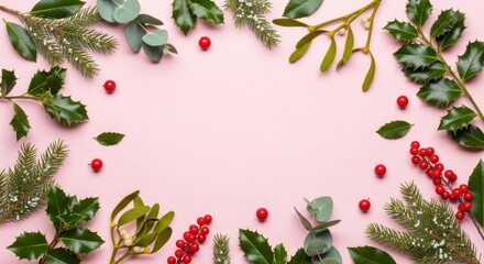 Festive winter holiday wreath arrangement of greenery holly berries and pine sprigs on a soft pink background