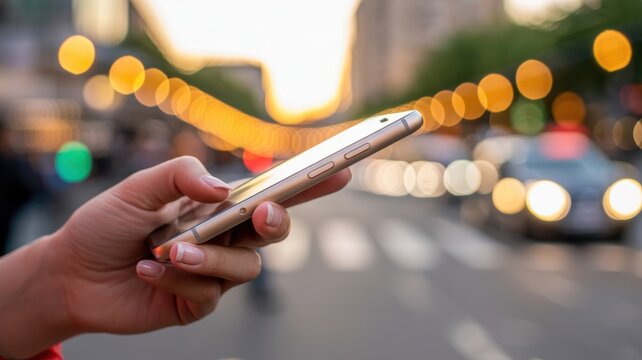 Person using smartphone in urban setting with blurred lights and traffic in the background view