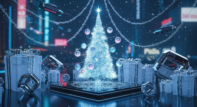 Futuristic glowing christmas tree surrounded by holographic gifts and drones in a neon city at night