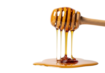 Light maple wood dipper holding rich, dark amber maple syrup dripping in streams onto a white surface, clean studio background, ample copy space, soft lighting, concept of healthy food