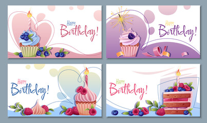 Festive Birthday Banners Set with Cream Cupcakes and Cake Slice Decorated with Berries, Candles and Sparklers. Perfect for Party Posters, Greeting Cards, Cafe Menus and Kids Celebration Designs