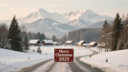 Merry Christmas 2025 greeting from snowy mountain village road for holiday promotions