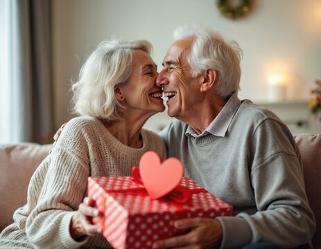 Happy elderly couple shares romantic moment with gift box and heart decoration. Seniors express love and joy celebrating special occasion together at home. Mature pair embraces, smiles, and laughs.