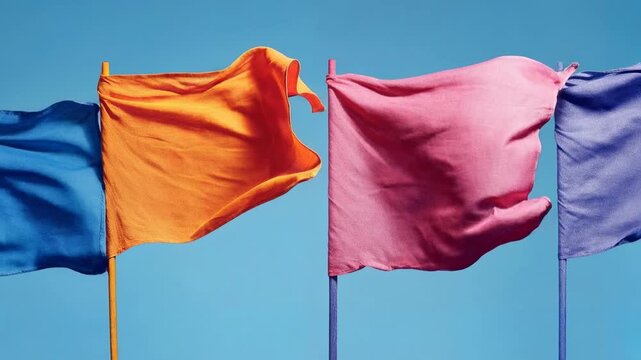 Colorful fabric flags fluttering in a clear blue sky cheerful festive scene perfect for summer festivals national celebrations outdoor events parade footage travel branding and joyful