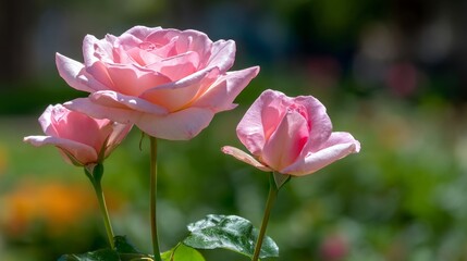 Fototapeta premium Three delicate pink roses stand proudly in a lush garden, basking in the warm sunlight of a bright afternoon, surrounded by other colorful flowers