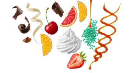 Assorted chocolate curls, red cherry, candied orange, caramel sauce, green sprinkles, whipped cream, strawberry, pistachio, dark chocolate chip, suspended mid-air on white background. Concept for