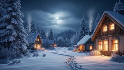 Winter Village at Night - Cozy Cabins in Snowy Landscape.