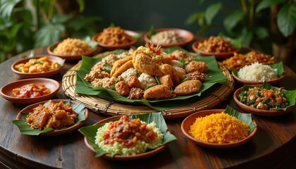 Diverse food dishes arranged on wooden table. Assortment includes rice vegetables meat and fried snacks. Various plates with tasty meals served. Catering concept for food blog recipe or restaurant.