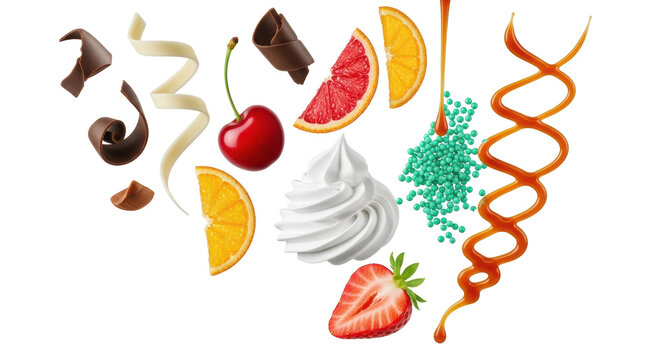 Assorted chocolate curls, red cherry, candied orange, caramel sauce, green sprinkles, whipped cream, strawberry, pistachio, dark chocolate chip, suspended mid-air on white background. Concept for - Powered by Adobe