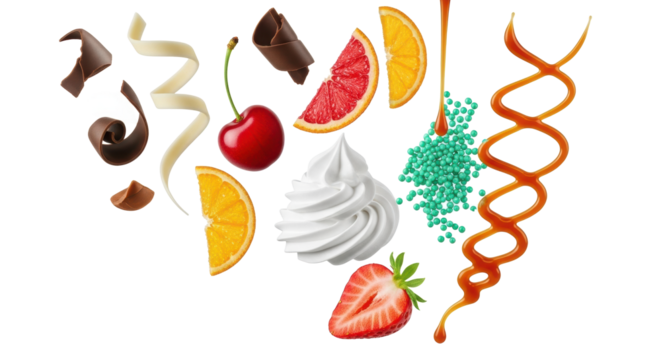 Assorted chocolate curls, red cherry, candied orange, caramel sauce, green sprinkles, whipped cream, strawberry, pistachio, dark chocolate chip, suspended mid-air on white background. Concept for
