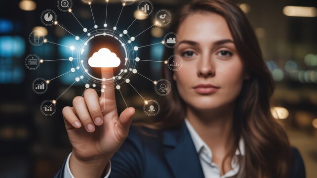 Businesswoman interacts with glowing digital interface representing centralized data storage and network connectivity