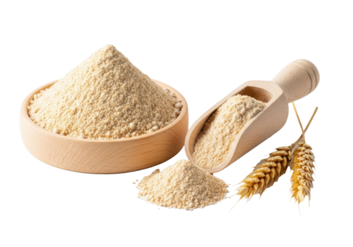 Coarse whole wheat flour in a light wooden bowl with a matching scoop and golden wheat ears on a transparent background, natural ingredients for wholesome baking concept