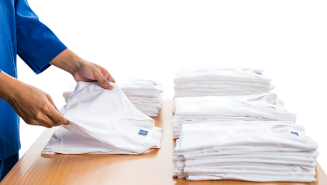 Person folding clean white tshirt on wooden table, laundry service concept isolated on transparent background