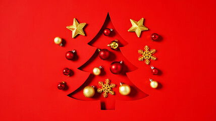 Christmas tree cutout with gold stars snowflakes and red and gold ornaments on a red background