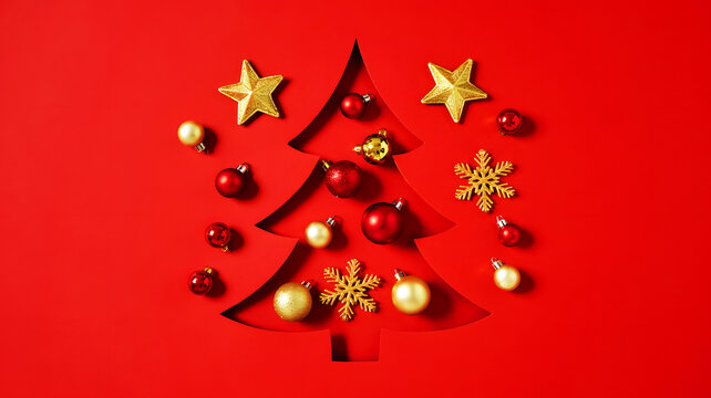 Christmas tree cutout with gold stars snowflakes and red and gold ornaments on a red background