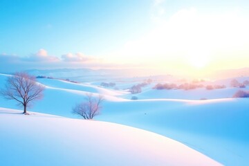 A snowy hillside with a bright sun in the sky