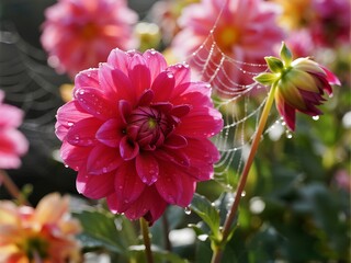 Dewkissed dahlia in a garden setting