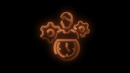 Glowing neon icon animation of productivity time management and efficiency on black background