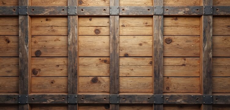 Rustic wooden crate texture background with rough planks and metal straps. Seamless pattern for vintage industrial design. Aged timber surface for freight or storage.