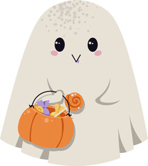Cute Ghost with Candy Bag Flat Vector Illustration Isolated on White. Halloween Character for Trick or Treat Designs, Party Invitations, Stickers, Sweet Themed Decor. Playful Festive Style.