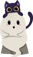 Cute Ghost with Black Cat Halloween Flat Vector Illustration. Spooky Holiday Character for Party Decor, Trick or Treat Graphics, Witch Theme Designs. Perfect for Stickers, Posters, and Halloween