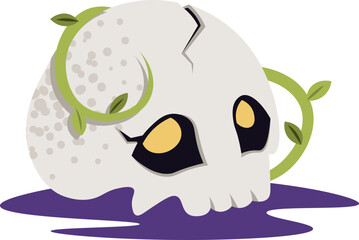 Human Skull with Plant Vines Flat Vector Illustration Isolated on White. Witchcraft Ritual Item for Halloween, Spellcasting, and Mystic Decor. Gothic Nature Theme for Occult Art, Stickers, Cards