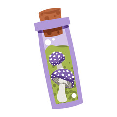 Magic Fly Agaric Potion in Glass Bottle Flat Vector Illustration Isolated on White Background. Witchcraft Mushroom Spell Ingredient for Halloween Decor, Stickers, Logo, Mystical Branding and Fantasy