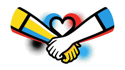 Modern art handshake graphic with heart represents collaboration, unity, and global peace, perfect for NGOs, charities, and international partnerships