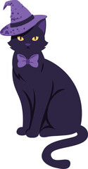 Black Cat in Witch Hat Flat Vector Illustration Isolated on White Background. Halloween Mystical Animal for Decoration, Stickers, Logo Design, Spooky Party Supplies and Magic Themed Projects