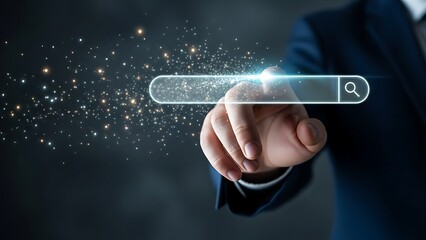 Businessman hand touching glowing search bar interface with sparkling light effect on dark background for digital marketing concept
