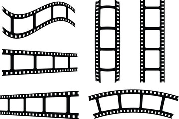 Old grunge movie film long strip set, vintage filmstrip roll frame, vector photo background. Video or movie filmstrip overlay, cinema or photograph camera long film strips collection in flat and line